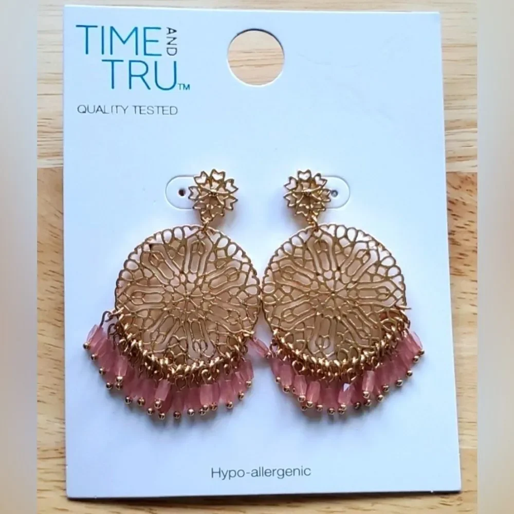 Time and Tru Gold Tone Filigree and Pink Beaded Fringe Post Pierced Earrings NWT